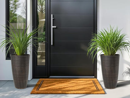 2-Pack 23.5" Bronze Plastic Tapered Planters with Vertical Stripes | Set of 2 PP tall planters with bronze vertical stripe texture, drainage plugs, and UV-treated finish for porch or patio