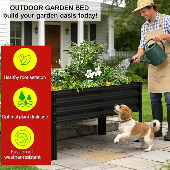 Large Galvanized Raised Garden Bed Outdoor with Legs, Load Capacity 1200LB, 48x26x30in Raised Garden Bed, for Backyard/Patio/Balcony/Gardening/Vegetables Flowers, Black