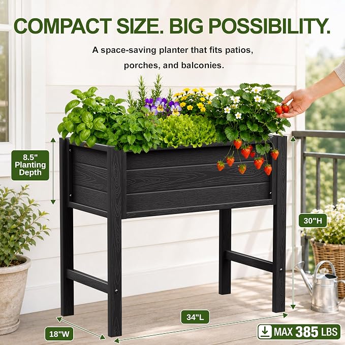YEFU Raised Garden Bed with Legs: Compact Waterproof HDPS Outdoor Elevated Planter Box with Drainage Holes - 34x18x30 Inch for Patio/Balcony to Grow Vegetables/Herbs - 385 lbs Capacity, Black