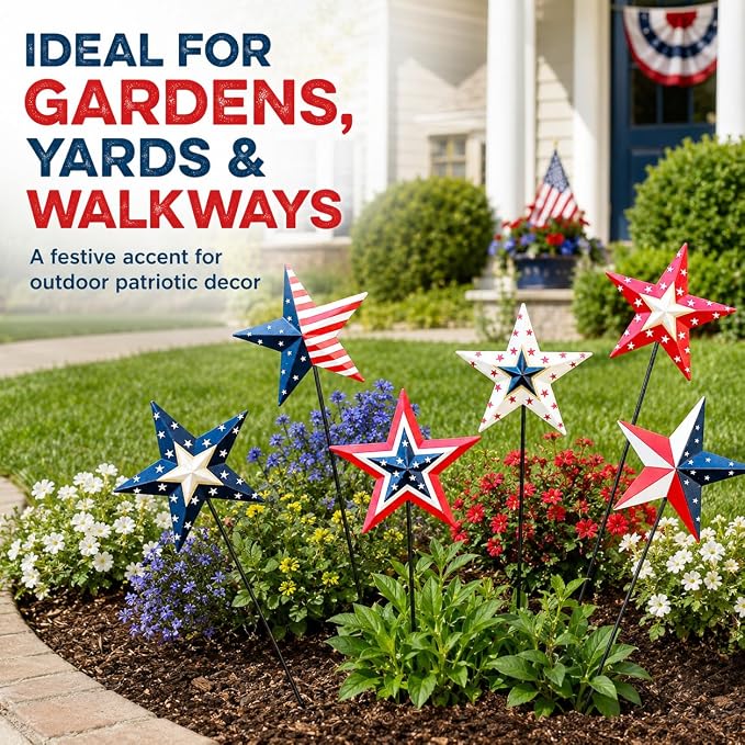 4th of July Decorations Outdoor 19" Metal Barn Star 6-Pack, Patriotic Outdoor Decorations, Rustic Iron Decorative Garden Stakes with American Flag Stars for Yard Patio Lawn