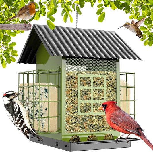 FlowaFoli Bird Feeders for Outdoors Hanging, Metal Bird Feeder with Double Suet Cage Cake, Large Capacity, Birdfeeders Sturdy & Weatherproof, Easy to Clean & Refill, Great for Attracting Wild Birds