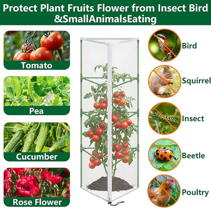 2 Pcs Garden Bird Netting for Triangle Plant Cage, 59" x 20" x 20" Tomato Cage Garden Net Cover with Zipper, Tomato Trellis Insect Bird Barrier Protection Mesh for Vertical Climbing Plant Vegetable