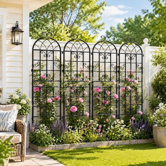 4-Pack 71" Black Metal Garden Trellises with Butterfly Design | Set of 4 black metal trellises with butterfly arch tops, scrollwork, spiked legs, and support for roses, vines, or veggies