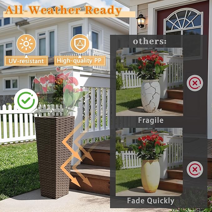 Greesum 23 Inch Tall Plastic Planters (Set of 2), Large Outdoor Flower Pots with Detachable Inner Pot & Drainage Holes for Plants, Trees, Patio, and Garden, Brown