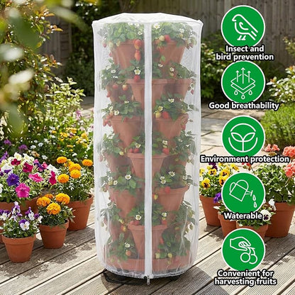 2 Pcs Vertical Plant Pot Insect Netting with Zipper, 59"x22" Stackable Planter Garden Net Cover, 6 to 7 Tier Planter Pot Insect Bird Barrier Protection Mesh for Strawberry Herb Flower Fruit Vegetable