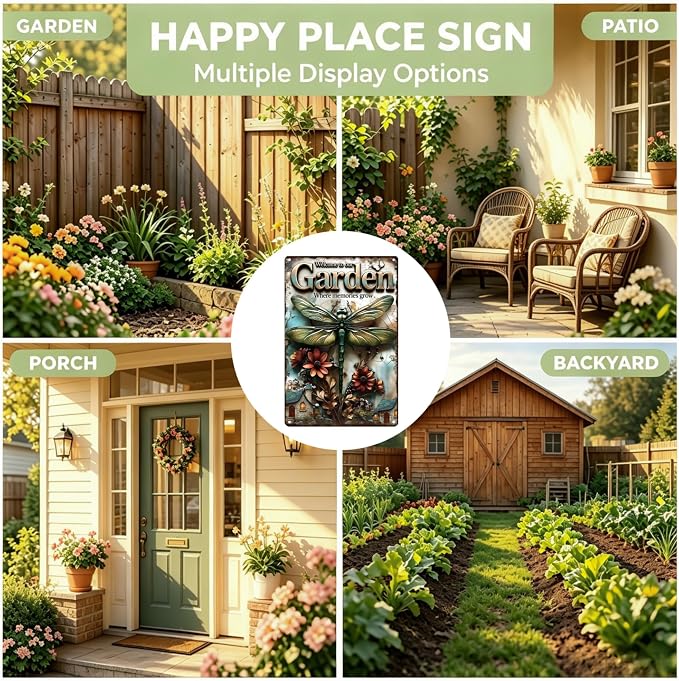 Funny Garden Metal Signs, Vintage Outdoor Wall Decor 8x12 Inch | Welcome to Our Garden Where Memories Grow, Weatherproof Aluminum Sign for Patio Yard Greenhouse, Gift For Gardeners