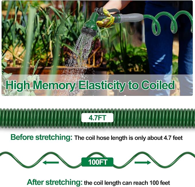 SPECILITE 3/8" Lightweight Coil Garden Hose 100FT, EVA Flexible Curly Water Pipes with 6-Pattern Spray Nozzle for Boat, Greenhouse, Yard, Patio, Green