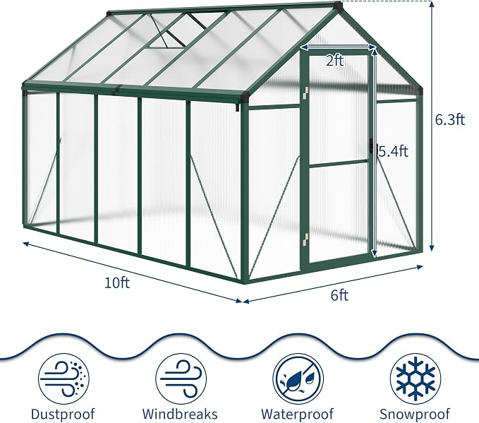 Greenhouse, 6x10 Ft Outdoor Greenhouses, Greenhouse Kit, Portablee Greenhouses with Ground Nails and Vent Windows, Sliding Lockable Door, Polycarbonate Green House for Outside Garden Backyard, Green