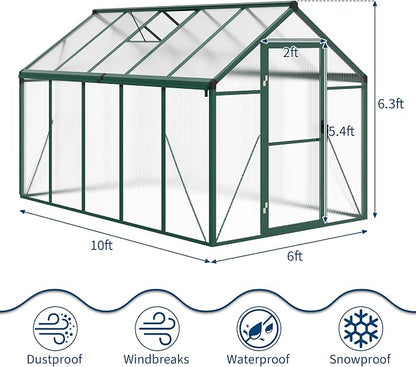 Greenhouse, 6x10 Ft Outdoor Greenhouses, Greenhouse Kit, Portablee Greenhouses with Ground Nails and Vent Windows, Sliding Lockable Door, Polycarbonate Green House for Outside Garden Backyard, Green