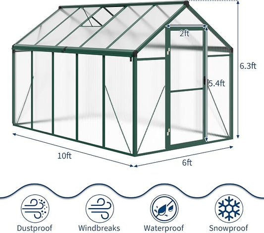 6x10 ft Walk-in Greenhouse, Polycarbonate Panels with Reinforced Aluminum Frame, Large Garden Green House for Planting and Seed Starting, Quick-Assembly Structure with Adjustable Roof Vent