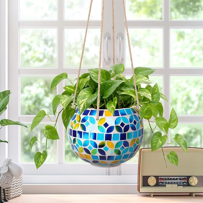 Ceramic Hanging Planter Mosaic Hanging Flower Pot Small Plant Pot for Indoor Plant Garden Decor Disco Ball Planter with Drainage Square Blue