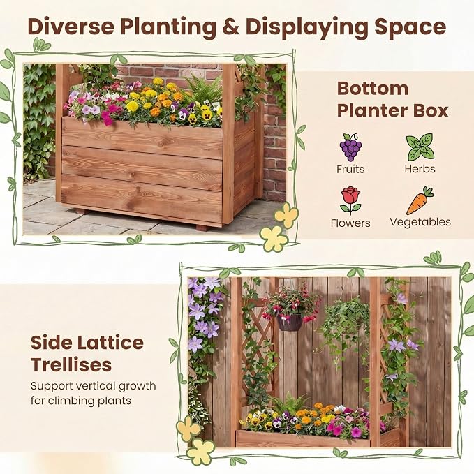 HAPPYGRILL Raised Garden Bed with Trellis, 31” x 16” x 41” Wood Elevated Planter Box with Roof, Freestanding Garden Planter for Climbing Plants Vines Flowers Herbs (1)