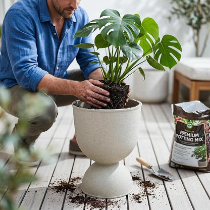 KOL Planters Flower Pots, Plastic Urn Planters for Indoor Outdoor Plants, Beige Pedestal Planter Pots 2 Pack, 18 Inch Tall Decorative Planters with Drainage Holes & Plugs for Front Porch Patio Garden