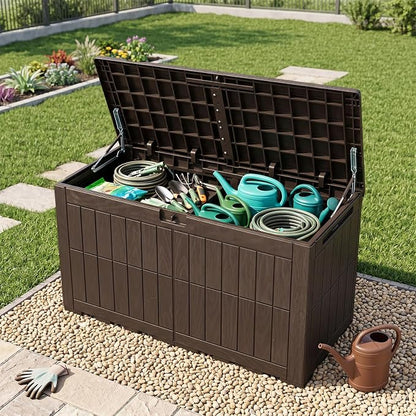 Tangkula 120 Gallon Outdoor Storage Box, Waterproof PP Resin Patio Storage Box with Lockable Lid for Indoor & Outdoor Use, 2-in-1 Rattan Design Deck Box for Cushions, Garden Tools