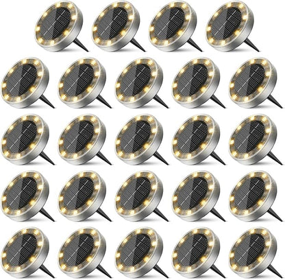 24 Pack Solar Ground Lights Outdoor, 8 LED Mini Flat Solar Disc Lights, IP65 Waterproof Pathway Lights Solar Powered, Landscape Lighting for Garden Walkway Driveway Yard Lawn,Warm White