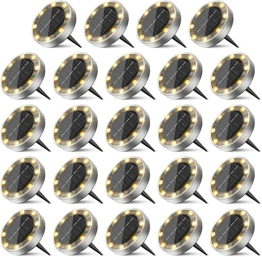 24 Pack Solar Ground Lights Outdoor, 8 LED Mini Flat Solar Disc Lights, IP65 Waterproof Pathway Lights Solar Powered, Landscape Lighting for Garden Walkway Driveway Yard Lawn,Warm White