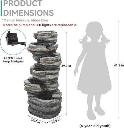 Extra-Large Rock Outdoor Water Fountain with LED Lights | 6-Tier Cascading Waterfall for Garden Patio Porch, Weather-Resistant Polyresin Water Feature for Tranquil Oasis
