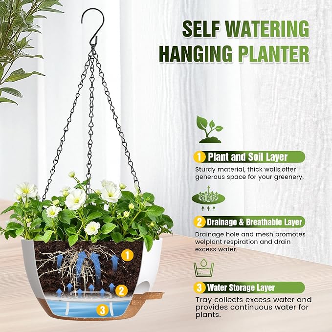 10 Inch Self-Watering Hanging Planters Set of 3 with Saucers | Set of 3 10-inch self-watering hanging planters with extra growing space, side-fill ports, chain hangers & snap-on saucers