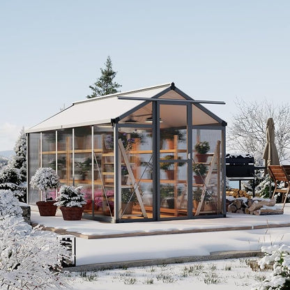 Garvee 6x10ft Walk-in Greenhouse, Heavy Duty Large Outdoor Green House | Polycarbonate Garden Greenhouse with Roof Vent, Lockable Smooth-Gliding Sliding Door & Aluminium Frame for Backyard, Grey