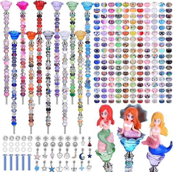 AIPRIDY DIY Crystal Beaded Fairy Wand Garden Stakes Kit, Colorful Decorative Wands with Assembly Guide, 12 or 10 Inch Threaded Rods,Outdoor Garden Decoration Set (238, Rainbow+Rose Flower Top)