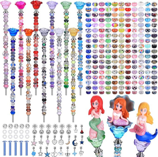 AIPRIDY DIY Crystal Beaded Fairy Wand Garden Stakes Kit, Colorful Decorative Wands with Assembly Guide, 12 or 10 Inch Threaded Rods,Outdoor Garden Decoration Set (238, Rainbow+Rose Flower Top)
