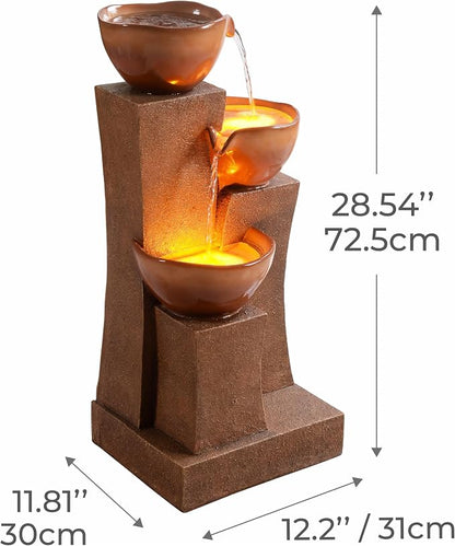 Teamson Home 28.54 in. 3-Tier Cascading Outdoor Water Fountain, Brown | LED Lights, For Gardens, For Landscaping, For Patios, For Balconies