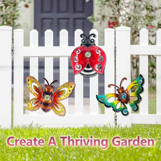 Garden Decor Butterfly Ladybug Bee Metal Wall Art, Hanging Wall Decoration | BVLFOOK; For Home; Garden; Porch; Patio Balcony Ornament; Outdoor; Birthday Gift, 3 Pack 9 Inch