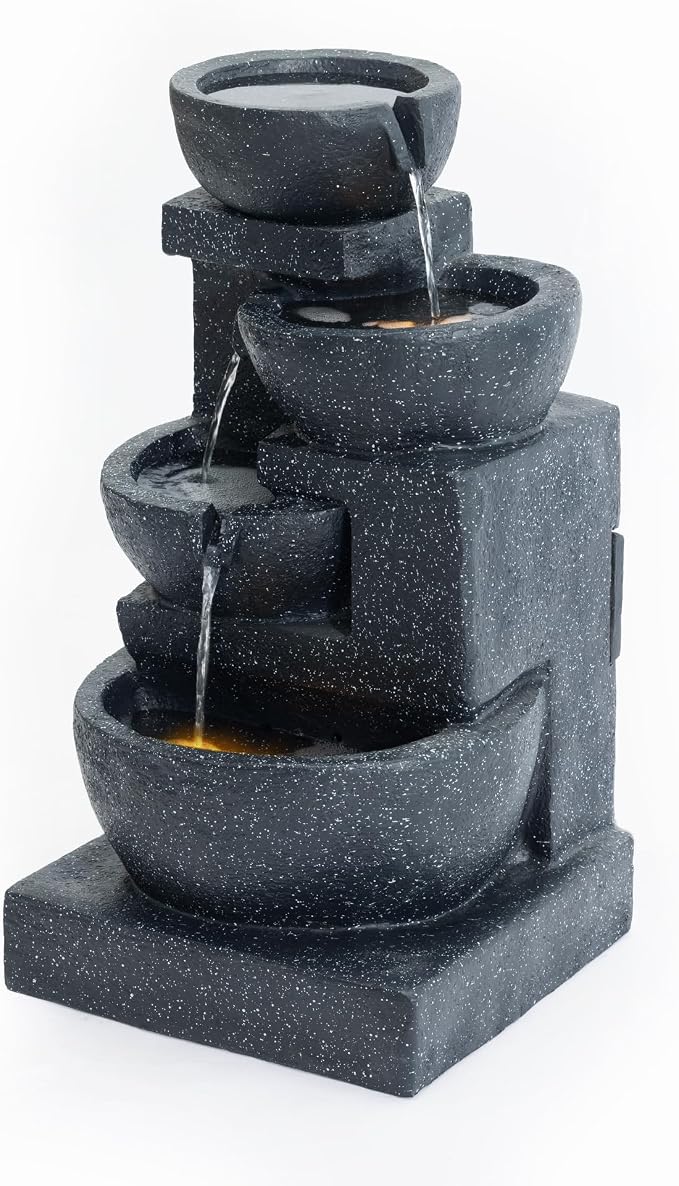 29" H Terrazzo Style Outdoor Water Fountain, 4-Tier Cascading Bowls with Stacked Stone Design and LED Lights, Freestanding Resin Water Feature for Garden Patio Porch