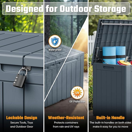Greesum 110 Gallon Outdoor Storage Box with Lockable Lid, All-Weather Solution for Patio Furniture, Pool Supplies & Garden Tools, Waterproof, UV-Resistant Large Deck Box, Gray