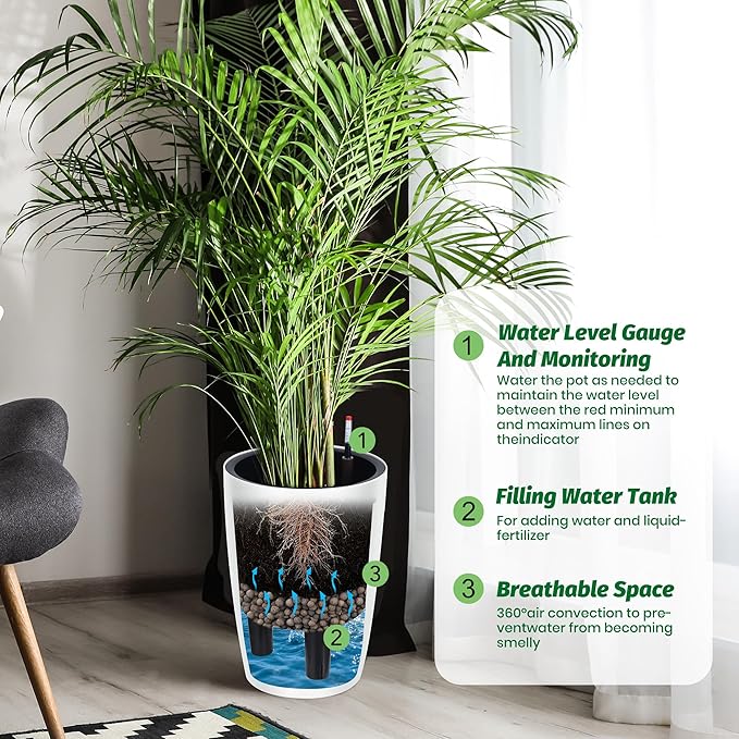 Garvee Tall Planters for Outdoor Plants, 16 in Large Planters Set of 2, Outdoor & Indoor Planters with Water Level Monitor ＆ Inner Bucket, Automatic Watering, for Porch, Patio, Backyard, White