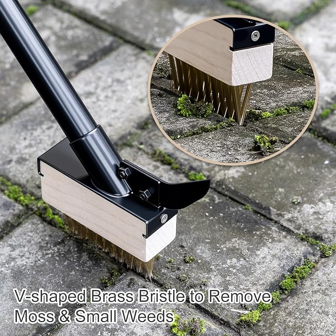 Mitclear Weed Moss Remover Brush with Long Handle(57IN), Crack Weeder Moss Removal Tool with Wire Brush & Scraper, Weed Puller Crevice Cleaning, Remove Weeds on Roof Deck Driveway Paver(4 Brushes)