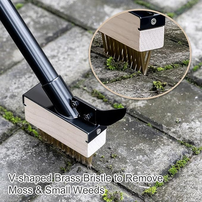 Mitclear Weed Moss Remover Brush with Long Handle(57IN), Crack Weeder Moss Removal Tool with Wire Brush & Scraper, Weed Puller Crevice Cleaning, Remove Weeds on Roof Deck Driveway Paver(4 Brushes)