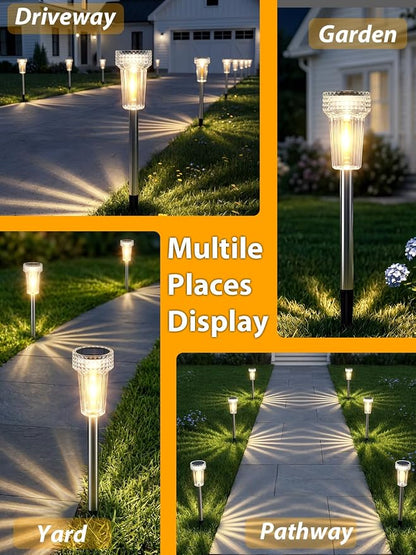 DERAYSION 12 Pack Solar Pathway Lights Outdoor, Solar Powered Garden Lights Auto On/Off, Waterproof Stainless Steel Pole Landscape Lighting for Path, Yard, Walkway, Driveway Decor - Warm White
