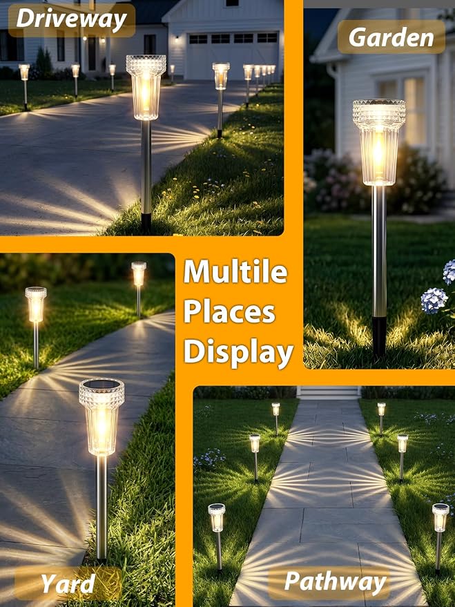 DERAYSION Solar Lights Outdoor, 8 Pack Solar Pathway Lights Dusk-to-Dawn Garden Lighting, Waterproof LED Stainless Steel Pole, Outdoor Solar Lights for Path Walkway Yard Driveway Decor - Warm White