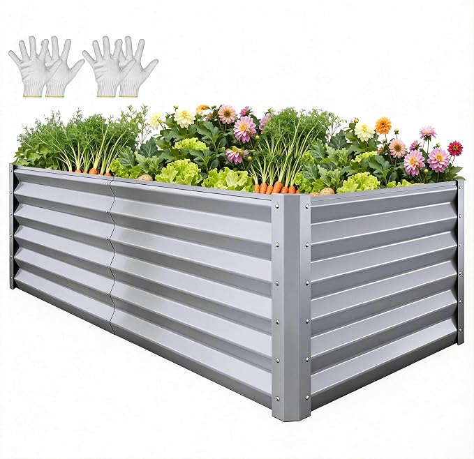 YITAHOME 6x3x3ft Large Raised Garden Bed Kit, Galvanized Metal Planter Box with Gloves, Support Rod, Outdoor Above Ground Planters for Plants Vegetables Flowers, Silver Gray
