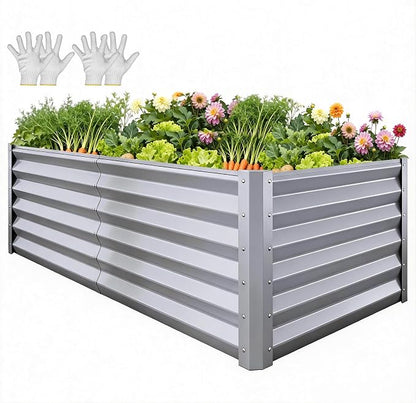 YITAHOME 6x3x3ft Large Raised Garden Bed Kit, Galvanized Metal Planter Box with Gloves, Support Rod, Outdoor Above Ground Planters for Plants Vegetables Flowers, Silver Gray