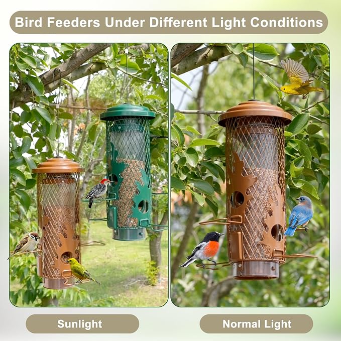 Gbekery Squirrel Proof Bird Feeders for Outdoors Hanging, Brown | Metal Wild Bird Feeders for Small Birds with Weight Activated Perches, Weatherproof and Durable, Perfect for Backyard Garden