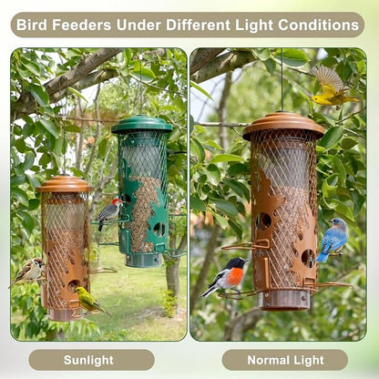 Gbekery Squirrel Proof Bird Feeders for Outdoors Hanging, Brown | Metal Wild Bird Feeders for Small Birds with Weight Activated Perches, Weatherproof and Durable, Perfect for Backyard Garden