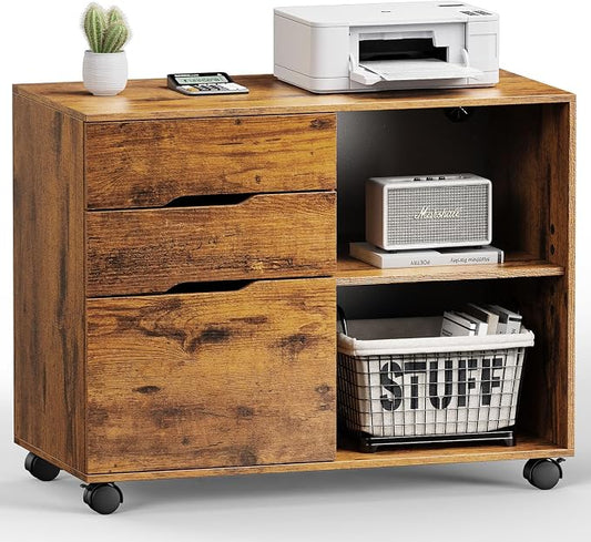 DUMOS File Cabinet with 3 Drawers, Wood Under Desk Storage Printer Stand | Rolling Lateral Filing Cabinet with Adjustable Shelves for Home Office Study Organization,Rustic