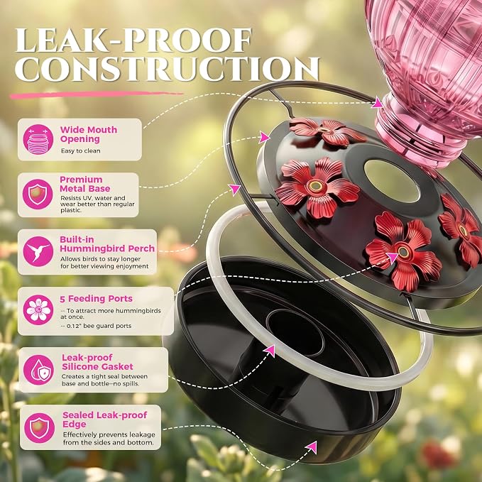 Glass Hummingbird Feeder for Outdoors Hanging, 26Oz Bird Nectar Feeder with Perch & 5 Flower Feeding Ports, Leak Proof for Outside Garden Decor Backyard, Gifts for Women Mom, Pink