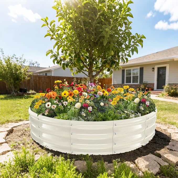 12 Inch Tall 60 Inch Diameter Round White Raised Garden Bed Kits Outdoor | 1 FT Tall,5 FT Planter Bed for Flowers,Herbs,Vegetables,Trees,0.8MM Thick Galvanized Metal Painted,with Gloves,Tool free
