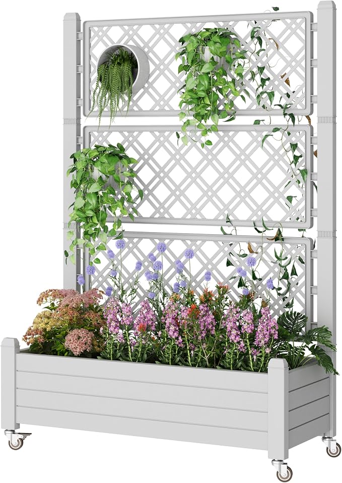 Elevated Raised Garden Bed with Trellis&Wheels,Ashen-61.2" h | Planter Box with Trellis Outdoor, Raised Planter with Trellis with Drainage Holes & Water Monitor for Climbing Plants