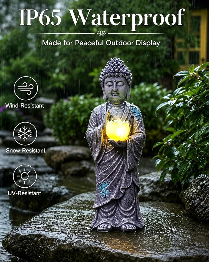 Nacome Solar Buddha Garden Statue Decor: Standing Resin Figurine with Lotus Flower Light Zen Sculpture for Patio Lawn Yard Porch Balcony Meditation Space - 11 inches(Gray)