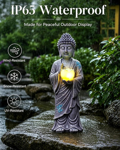 Nacome Solar Buddha Garden Statue Decor: Standing Resin Figurine with Lotus Flower Light Zen Sculpture for Patio Lawn Yard Porch Balcony Meditation Space - 11 inches(Gray)