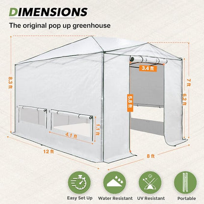 EAGLE PEAK 12x8 Portable Walk in Greenhouse, Pop Up Indoor Outdoor Greenhouse, Green House Kit with Zippered Roll-Up Doors, Windows + Support Pole, Woven Cover, Translucent