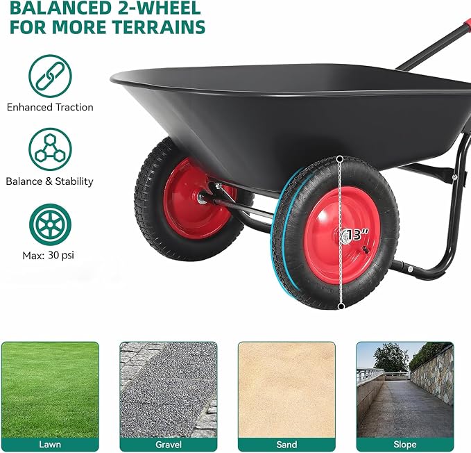 Autodaya Dual-Wheel Garden Cart, 14" Pneumatic Tires & Built-in Stand, 4.5 Cu Ft Utility Yard Wheelbarrow for Gardening, Soil, Construction, Easy Assembly,Red