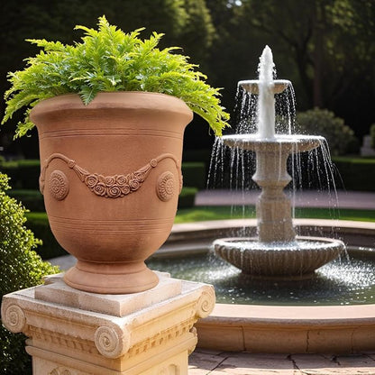 Worth Garden Large Urn Planter - 14" Dia x 16.5" H Lightweight Magnesium Oxide Plant Pot with Cement Texture - Rust-Like Finish Concrete Urn Planter with Drainage Hole for Indoor & Outdoor Decor