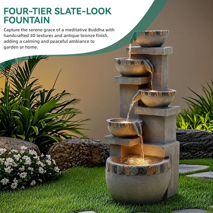 33" H 4-Tier Pebble Textured Fountain Outdoor with Warm LED Lights | Modern Water Feature Outdoor with Soothing Cascading Waterfall for Patio, Backyard, Garden or Porch