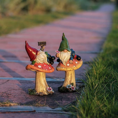 TERESA'S COLLECTIONS Resin Statues for Yard, Set of 2 Cute Garden Gnomes on Mushroom Statues for Outdoor Patio Porch Lawn, Ideal Gift for Dad Mom Birthday, Outside Decor Housewarming Gifts, 7"