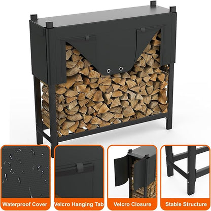 WALMANN Heavy-Duty Firewood Rack with Waterproof Cover & Firewood Carry Bag, 4 ft Outdoor Indoor Wood Log Holder for Fireplace, Patio & Porch, Sturdy Steel Fire Wood Storage Stand